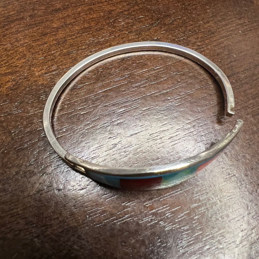 Vintage Alpaca Mexico Bangle Bracelet Multi Color Enamel Silver Tone 7.2 in - Picture 12 of 15